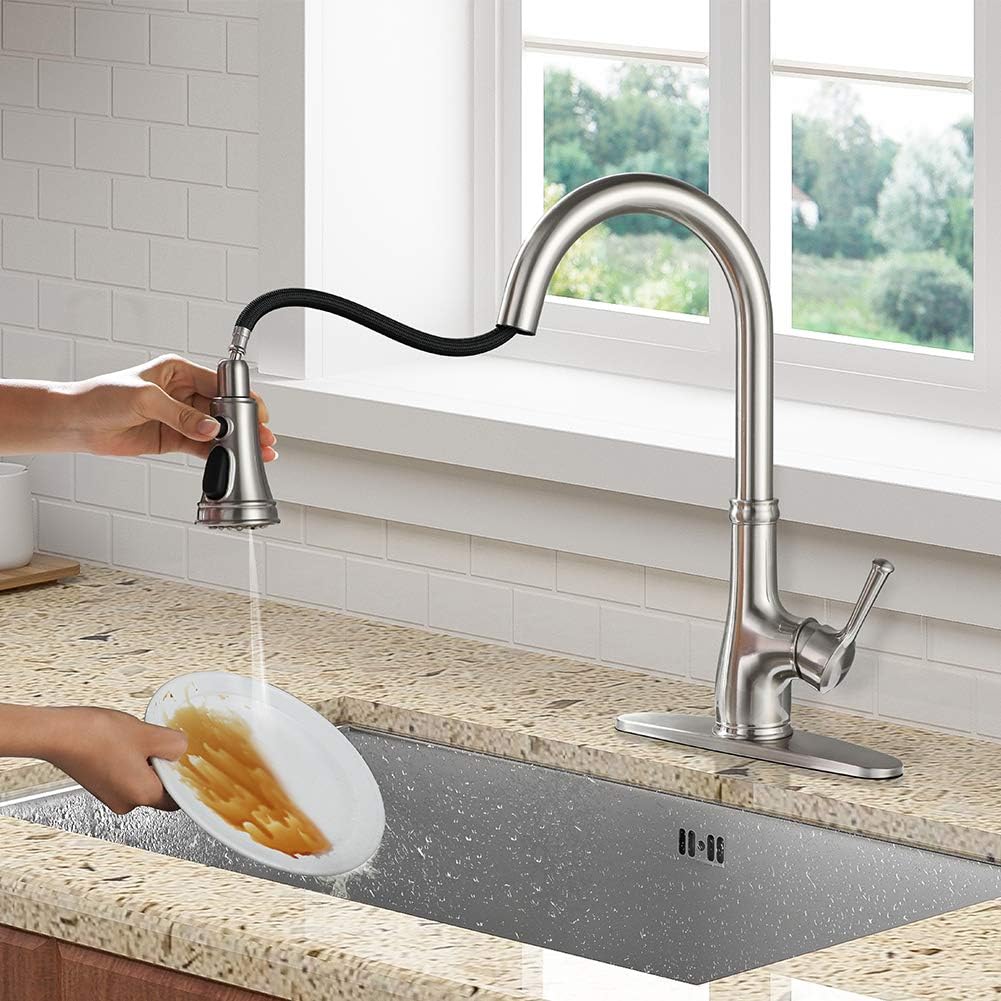 Single Handle Brushed Nickel Pull Down Kitchen Sink Faucet with Sprayer P495