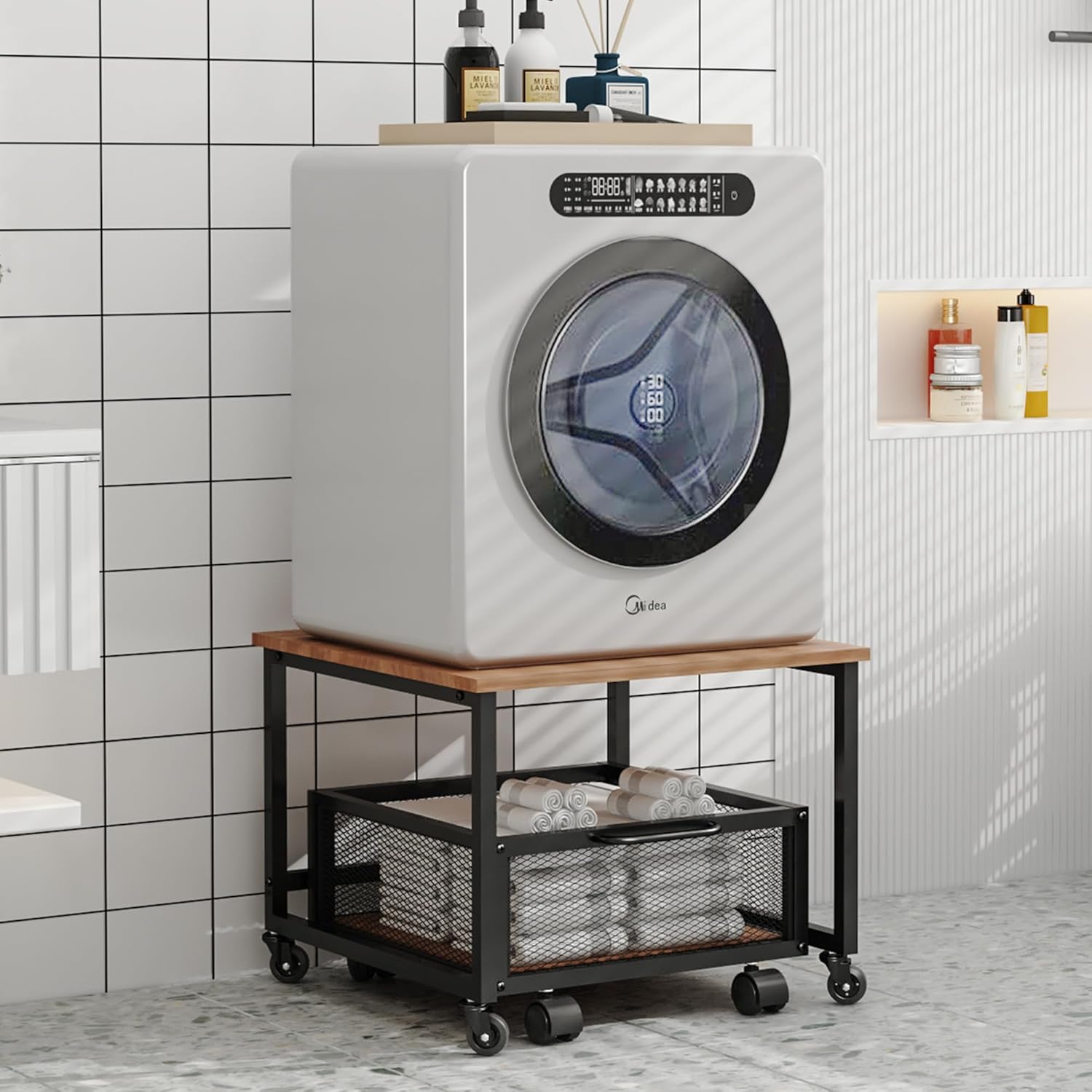 Mini Fridge Stand with Rolling Cart, Lockable Wheels and Metal Basket Drawers S30483