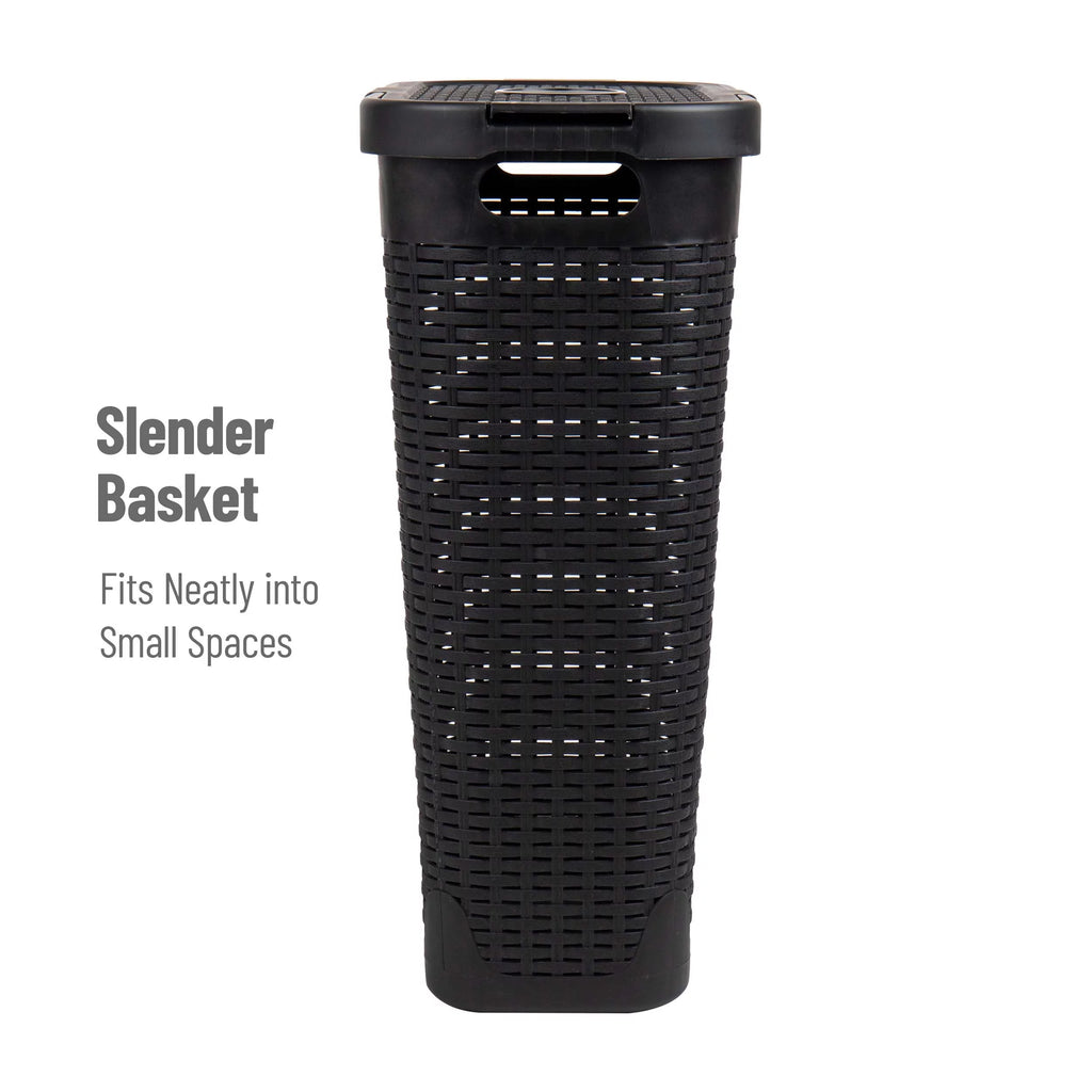 Slim Laundry Hamper with Lid, Wicker Design, Set of 2, Black M9389