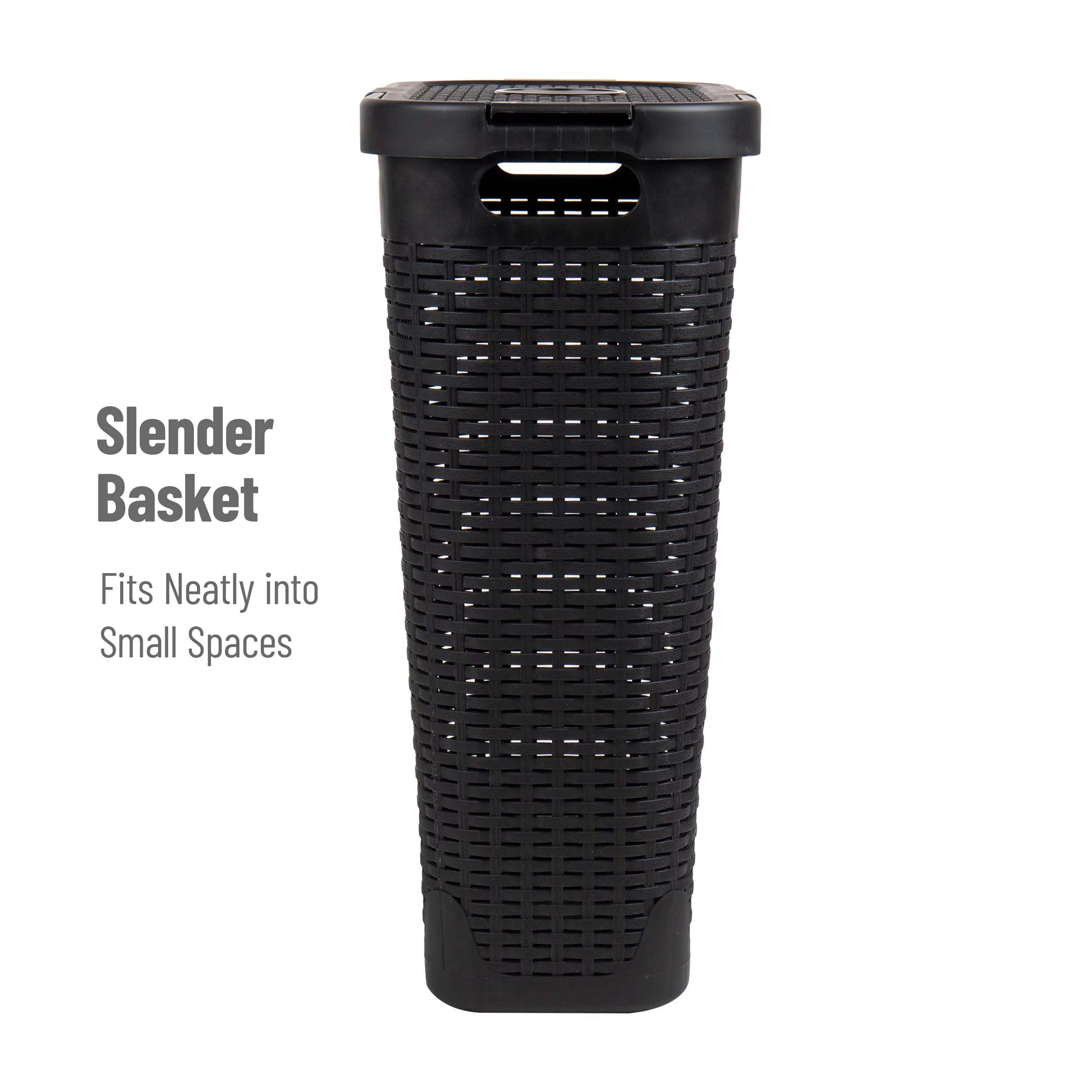 Slim Laundry Hamper with Lid, Wicker Design, Set of 2, Black M9389