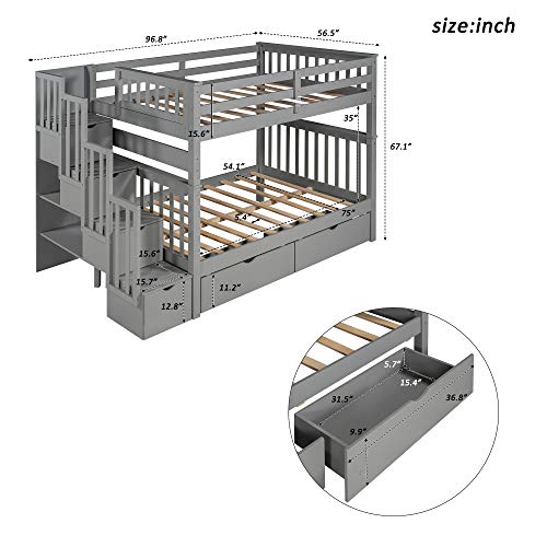 Twin Over Twin/Full Bunk Bed with Trundle and Drawers, Solid Wood Staircase, White C353971