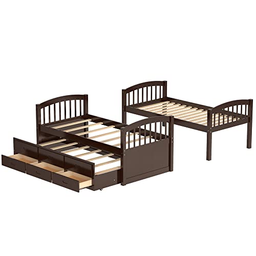 Twin Over Twin Bunk Bed with Storage Drawers and Trundle, Solid Wood Frame F2716