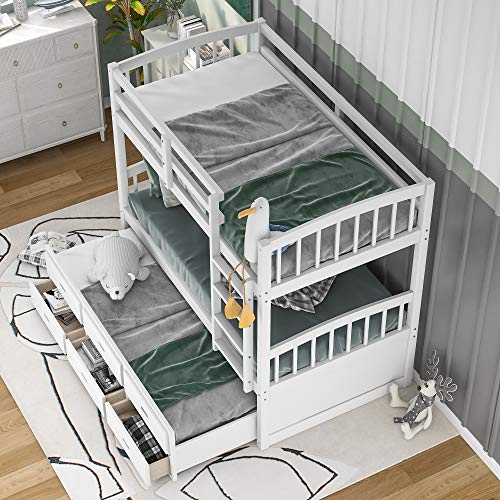 Twin Over Twin Bunk Bed with Storage Drawers and Trundle, Solid Wood Frame F2716