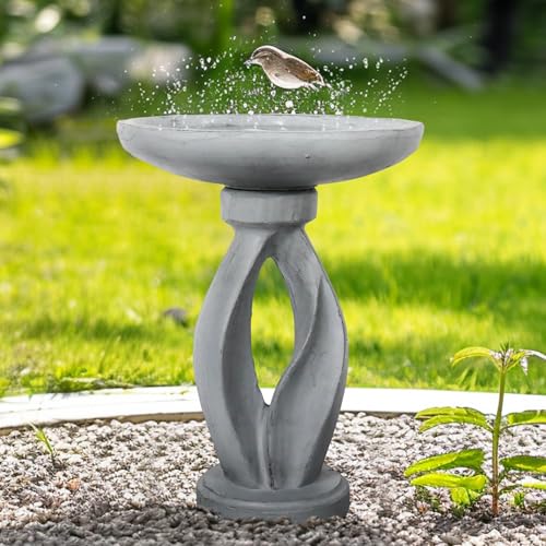 Wood-Look Concrete Bird Bath with Decorative Faux Bird A9133