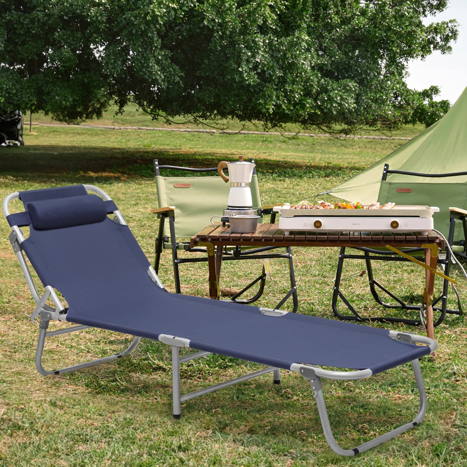 Portable Folding Bed Reclining Lounger Camping Cot with Pillow and Carry Bag I549492