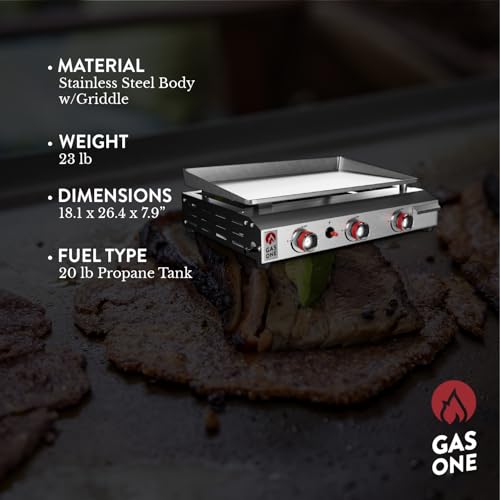 26 Inch Flat Top Gas Grill with 3 Burners, Propane, Stainless Steel Tabletop with Pre Season Griddle I61934