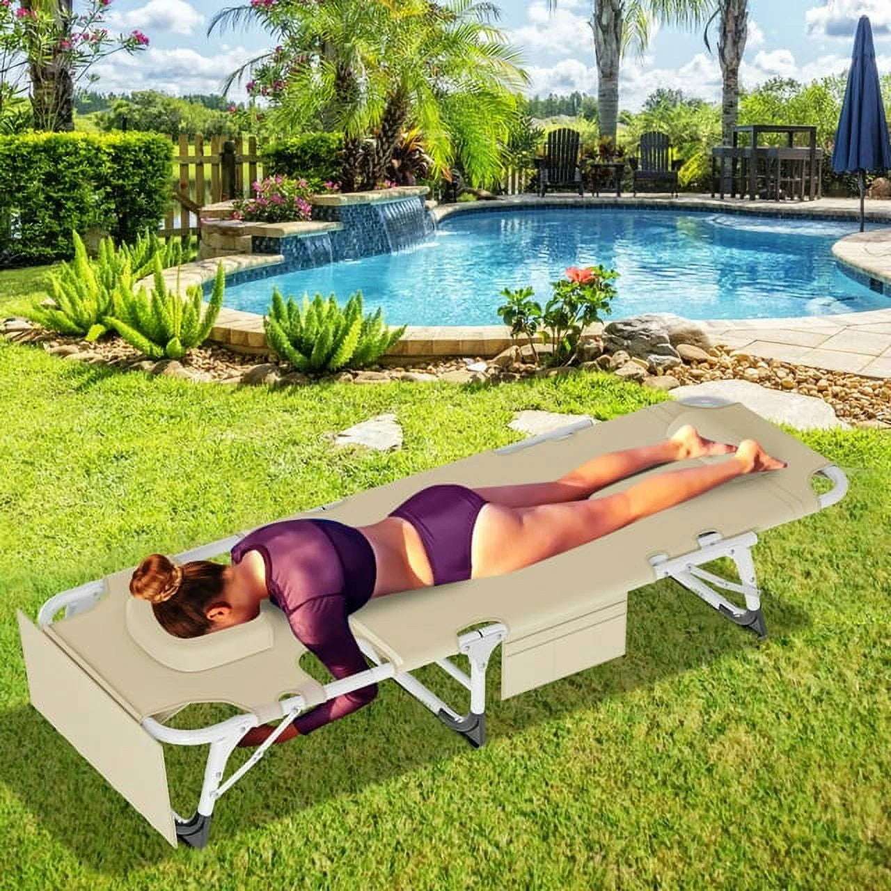Heavy Duty Tanning Chair with Face & Arm Holes, Adjustable 5-Position Folding Chaise Lounge F5608
