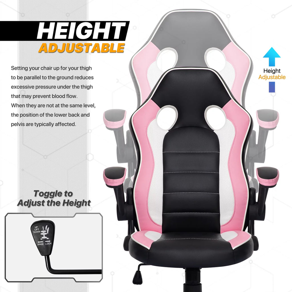 PU Leather Gaming Chair with Flip-Up Arms, Black/Pink J799741
