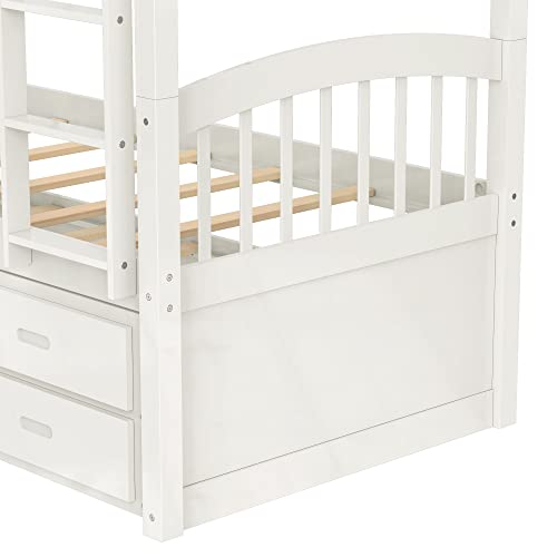 Twin Over Twin Bunk Bed with Storage Drawers and Trundle, Solid Wood Frame F2716
