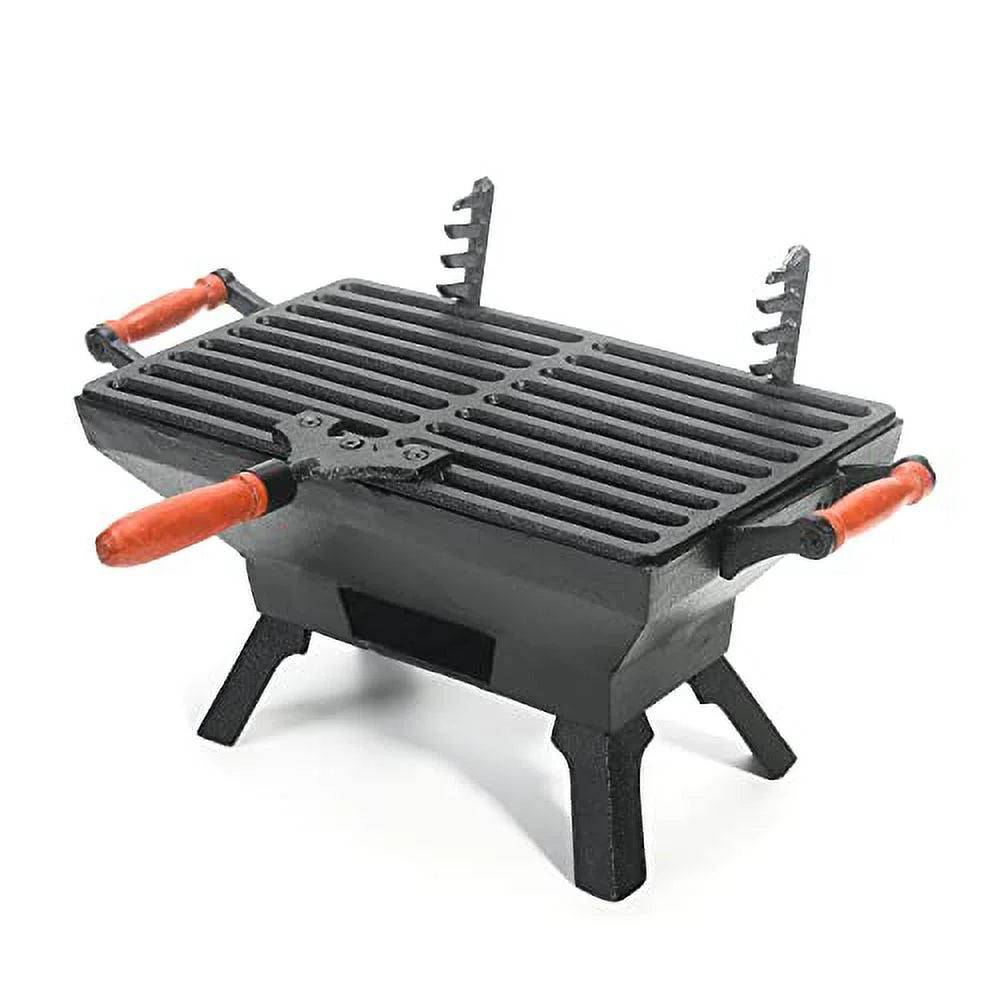 Small Cast Iron Charcoal Grill Stove with Gridiron, Tabletop BBQ Grill for Outdoor Cooking D599414