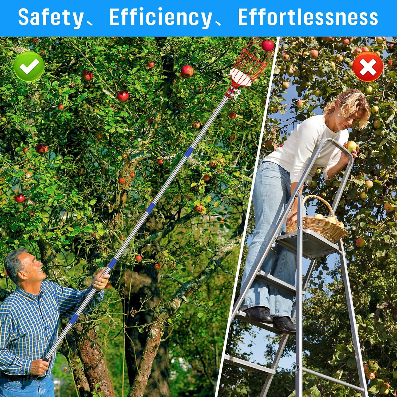 Fruit Picker Pole with Basket 13 FT Adjustable Lightweight Fruit Grabber Tool A163206