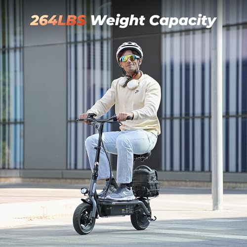Electric Scooter with Seat, Long Range, Adjustable Handlebar, Dual Suspension J439