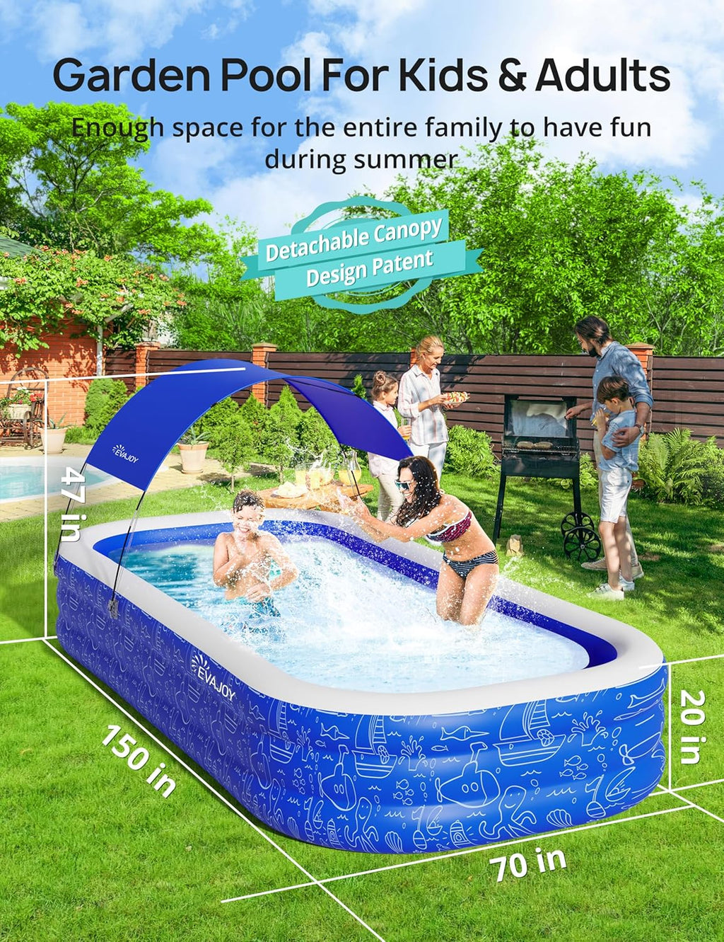 Inflatable Pool with Canopy for Kids and Adults, Outdoor Backyard Swimming Pool M603