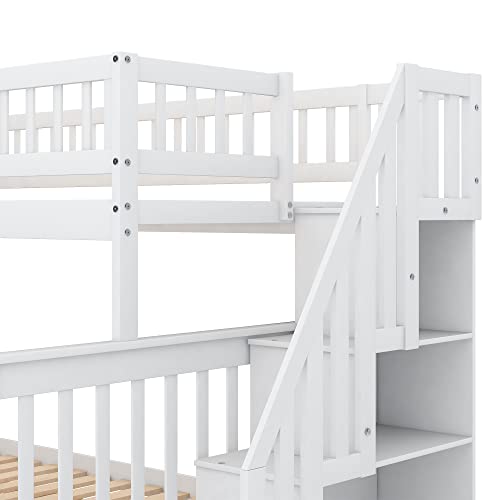 Twin Over Twin/Full Bunk Bed with Trundle and Drawers, Solid Wood Staircase, White C353971