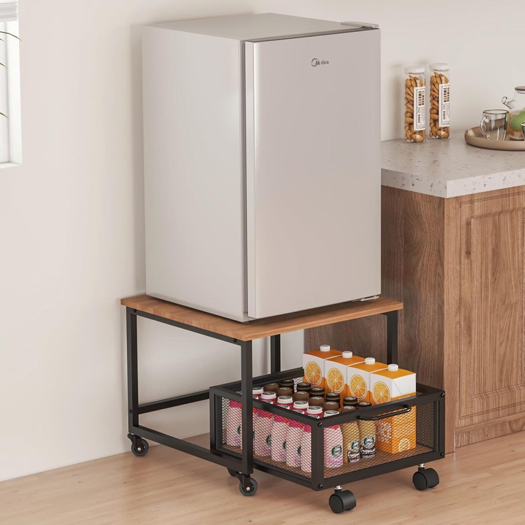 Mini Fridge Stand, Rolling Fridge Cart with 2 Lockable Wheels, Heavy Duty Refrigerator Stand with Metal Basket Drawers, Mini Fridge Cabinet Organizer for Kitchen, Bathroom, Office, Dorm