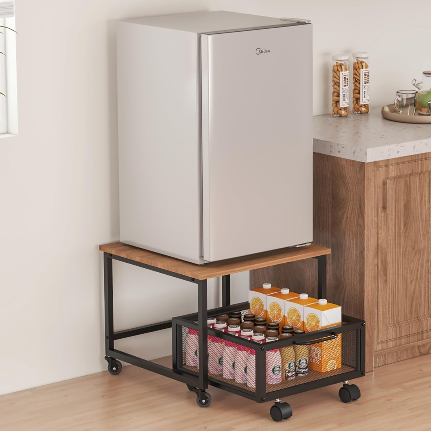 Mini Fridge Stand, Rolling Fridge Cart with 2 Lockable Wheels, Heavy Duty Refrigerator Stand with Metal Basket Drawers, Mini Fridge Cabinet Organizer for Kitchen, Bathroom, Office, Dorm