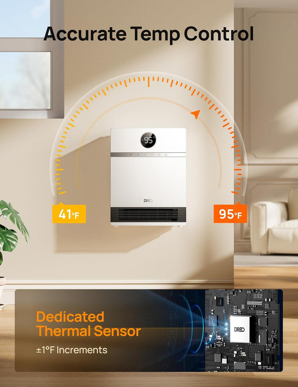 Smart Wall Heater, Electric PTC Space Heater for Indoor Use, Oscillation, Thermostat, Remote Control, Timer Q29038