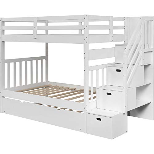 Twin Over Twin/Full Bunk Bed with Trundle and Drawers, Solid Wood Staircase, White C353971