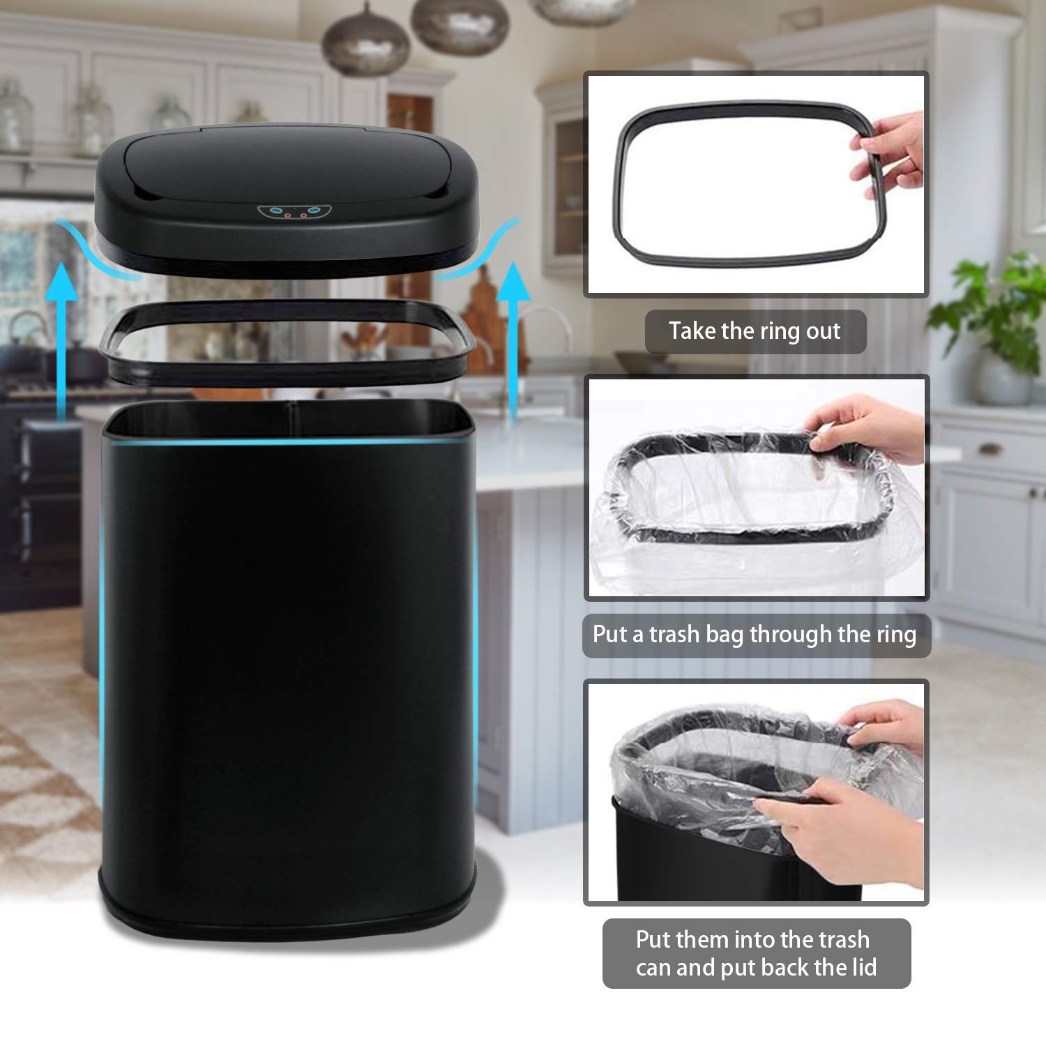 13 Gallon Black Stainless Steel Touch-Free Sensor Trash Can with Lid S902099