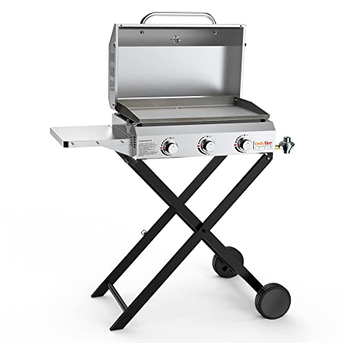 Portable Propane Gas Griddle 3-Burner with Foldable Cart and Side Table, Flat Top Grill Stove with Lid N3550