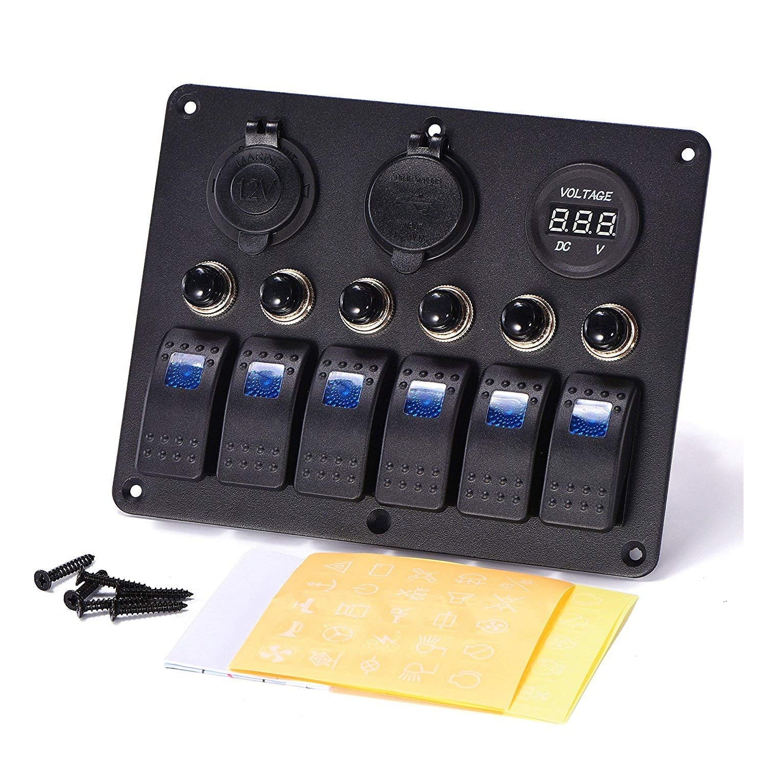 6 Gang LED Rocker Switch Panel Dual USB Waterproof Voltmeter A676370
