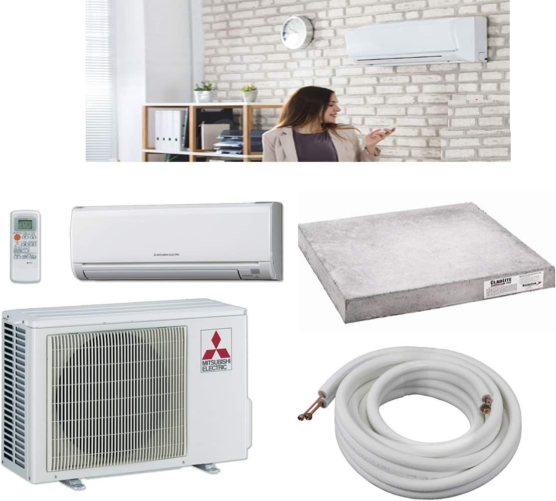 Mitsubishi 18,000 BTU SEER 18 Wall Mount Ductless Mini-Split Inverter Cool & Heat Pump System 1.5 Ton Energy Efficient with Lines & Pads