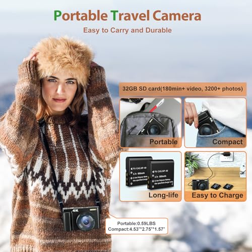 4K 48MP Digital Camera for Photography and Vlogging, Autofocus Anti-Shake, Flip Screen, 16X Zoom C70263