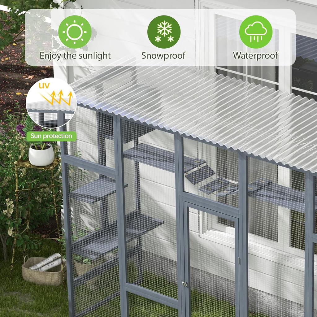 Outdoor Cat Enclosure with Window Access, Wooden Catio with Weather Protection Roof Q639