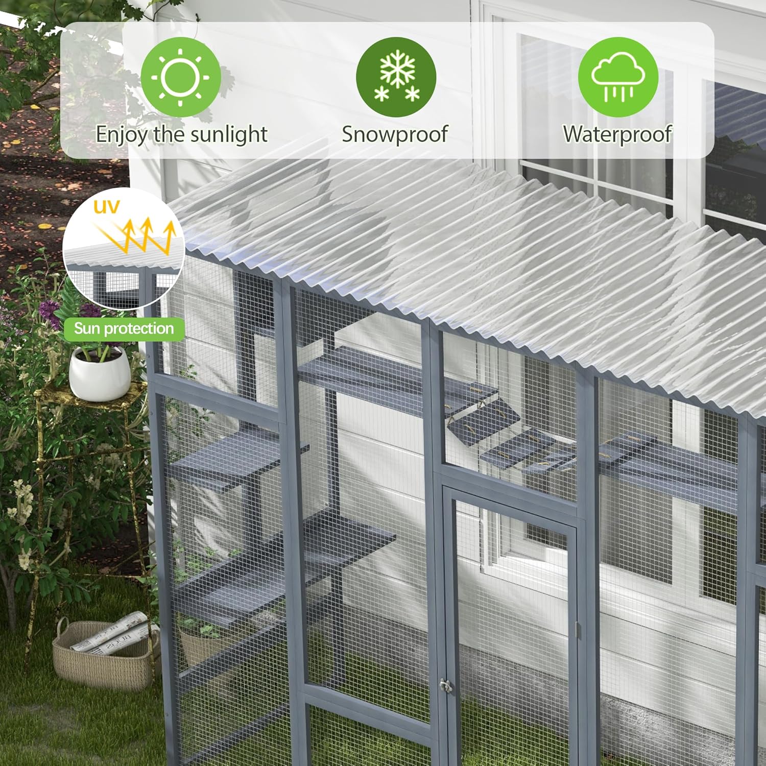 Outdoor Cat Enclosure with Window Access, Wooden Catio with Weather Protection Roof Q639