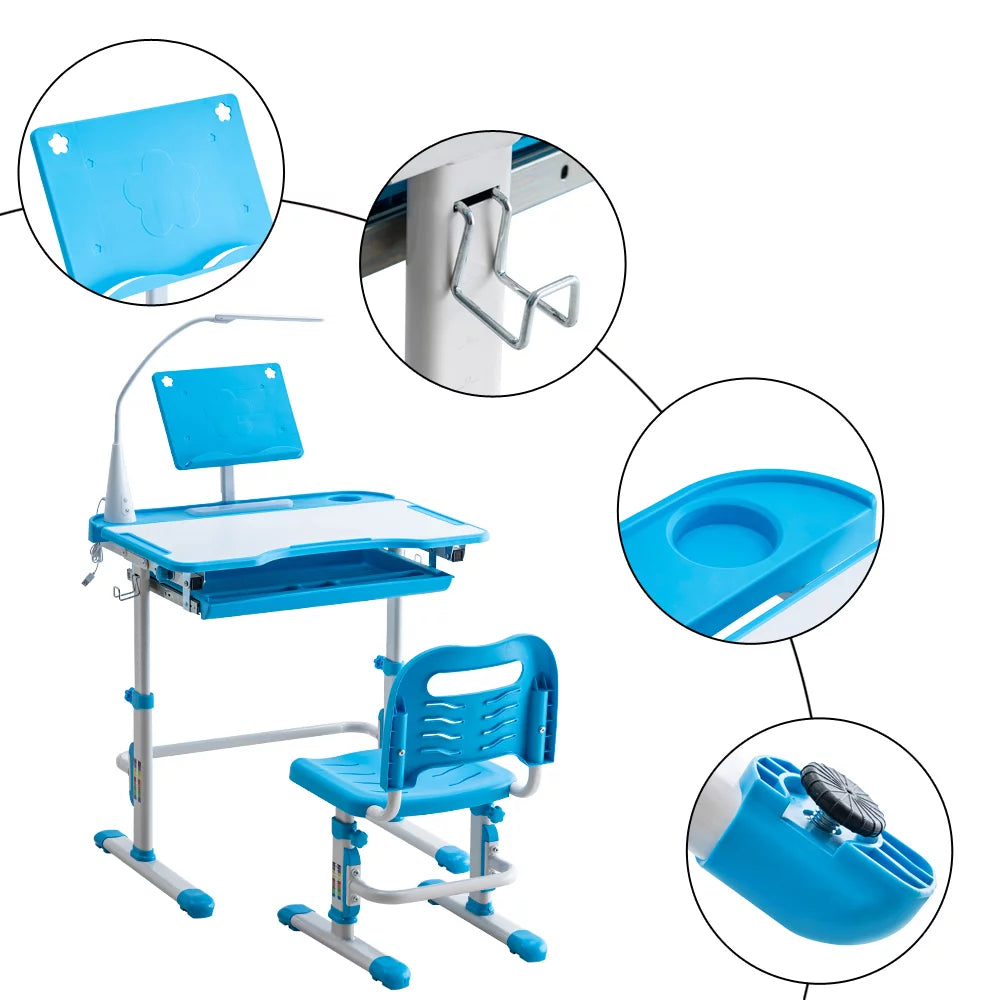 Kids Desk and Chair Set, Height Adjustable Study Table with LED Light U2367