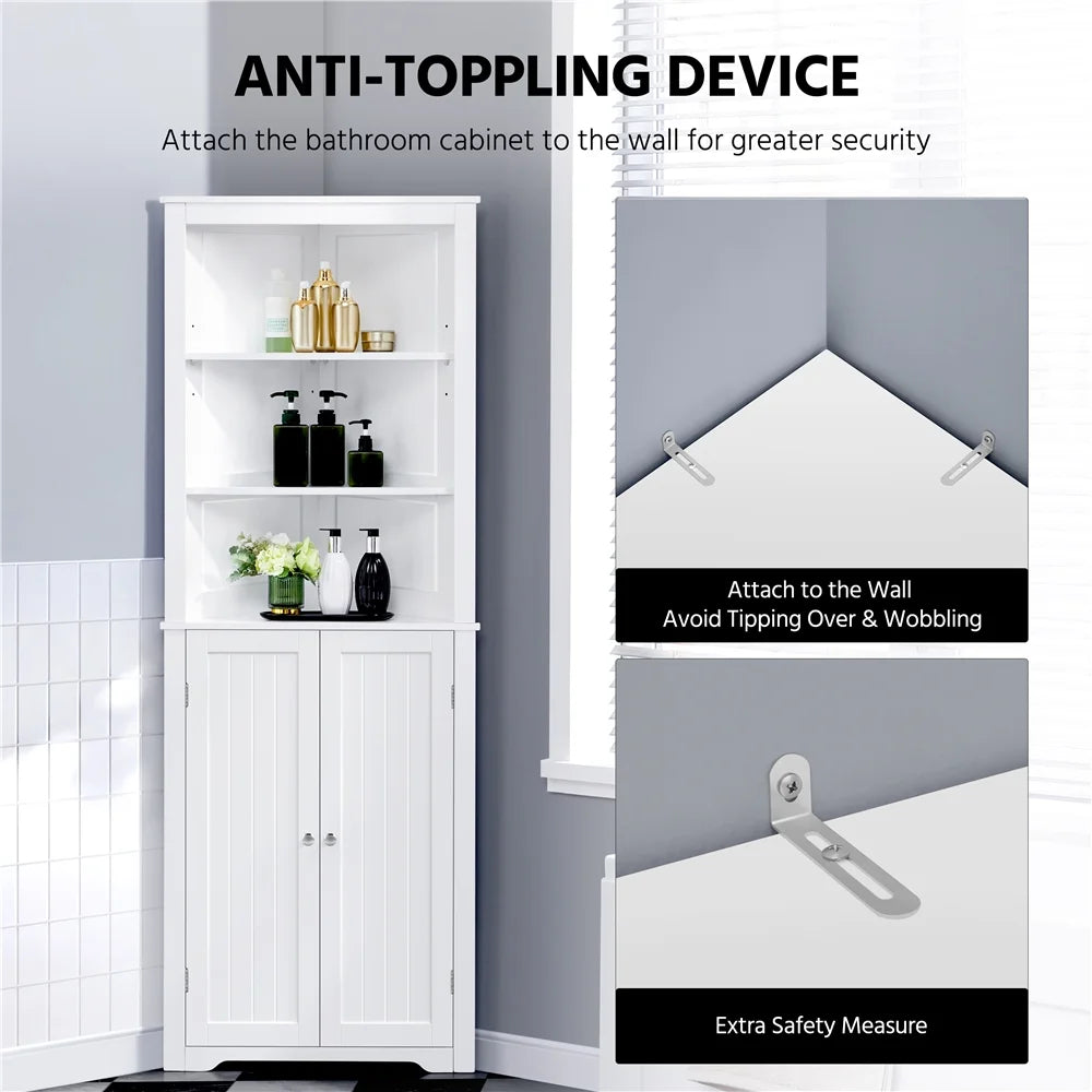 White Wooden Corner Cabinet with Open Shelf for Bathroom M97185