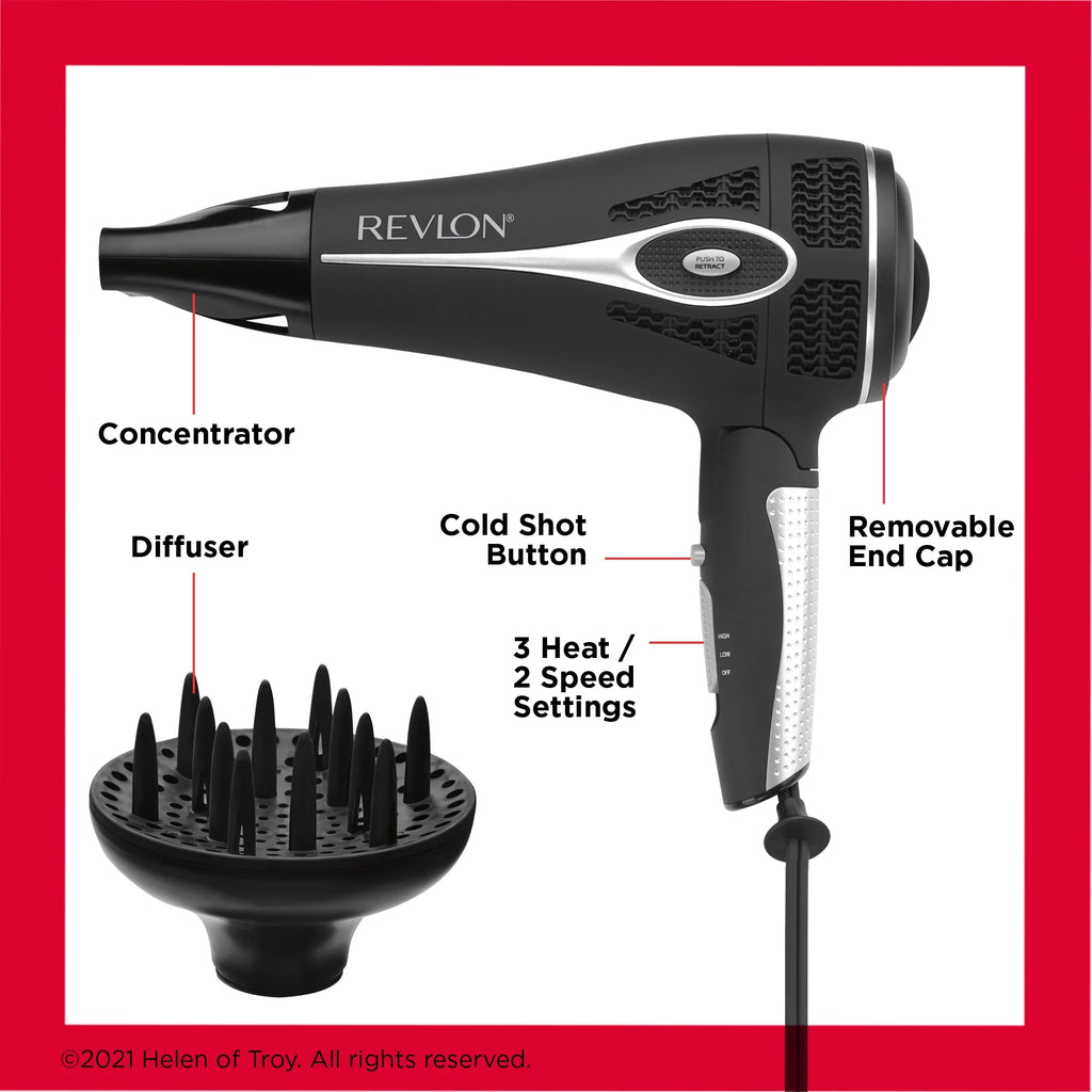 Ceramic Hair Dryer with Retractable Cord, Black S5007