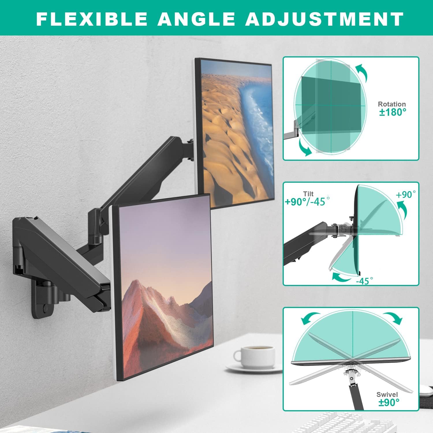 Dual Monitor Wall Mount for Two 17-32 Inch Screens, Height Adjustable, VESA 75/100 Y584