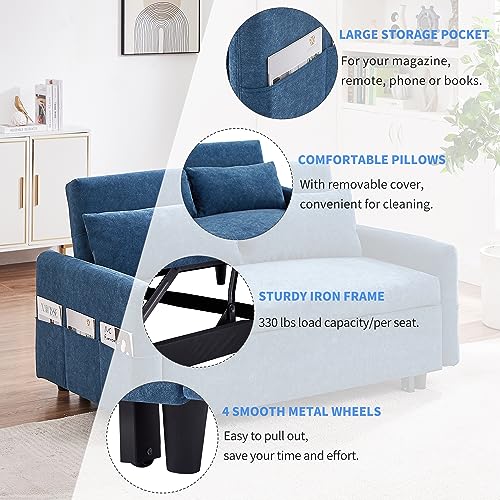 3 in 1 Convertible Sleeper Sofa Bed, Velvet Loveseat Futon with Pullout Bed, Gray Y9093