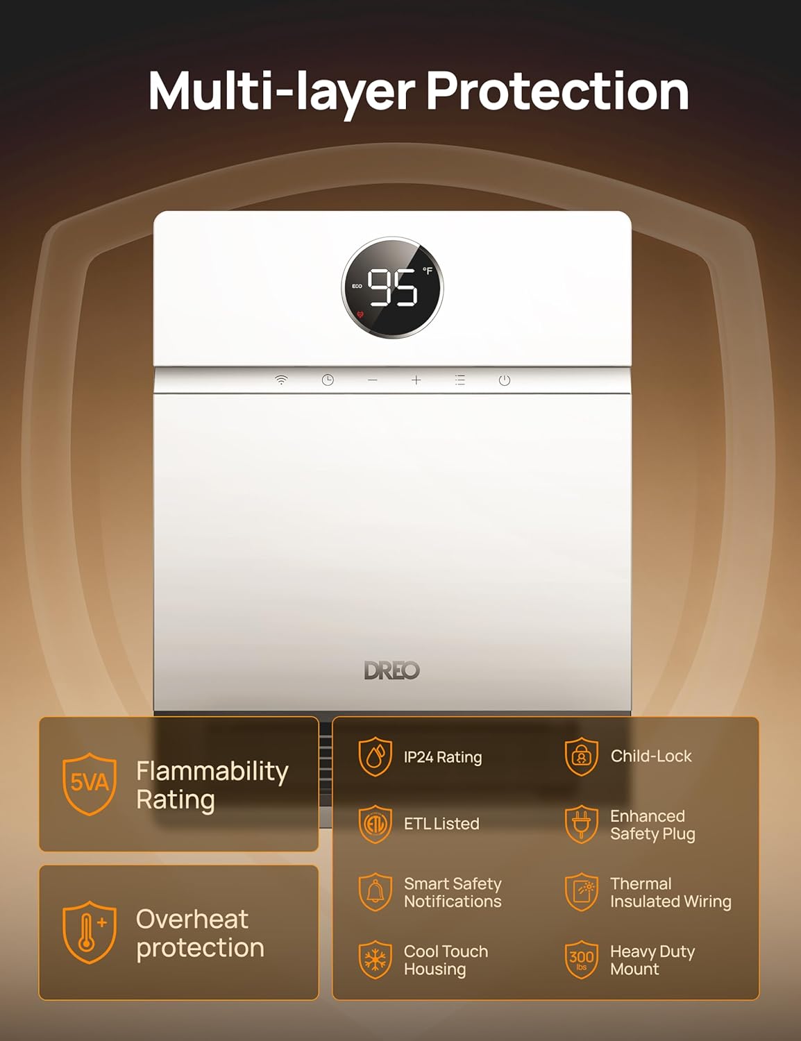 Smart Wall Heater, Electric PTC Space Heater for Indoor Use, Oscillation, Thermostat, Remote Control, Timer Q29038