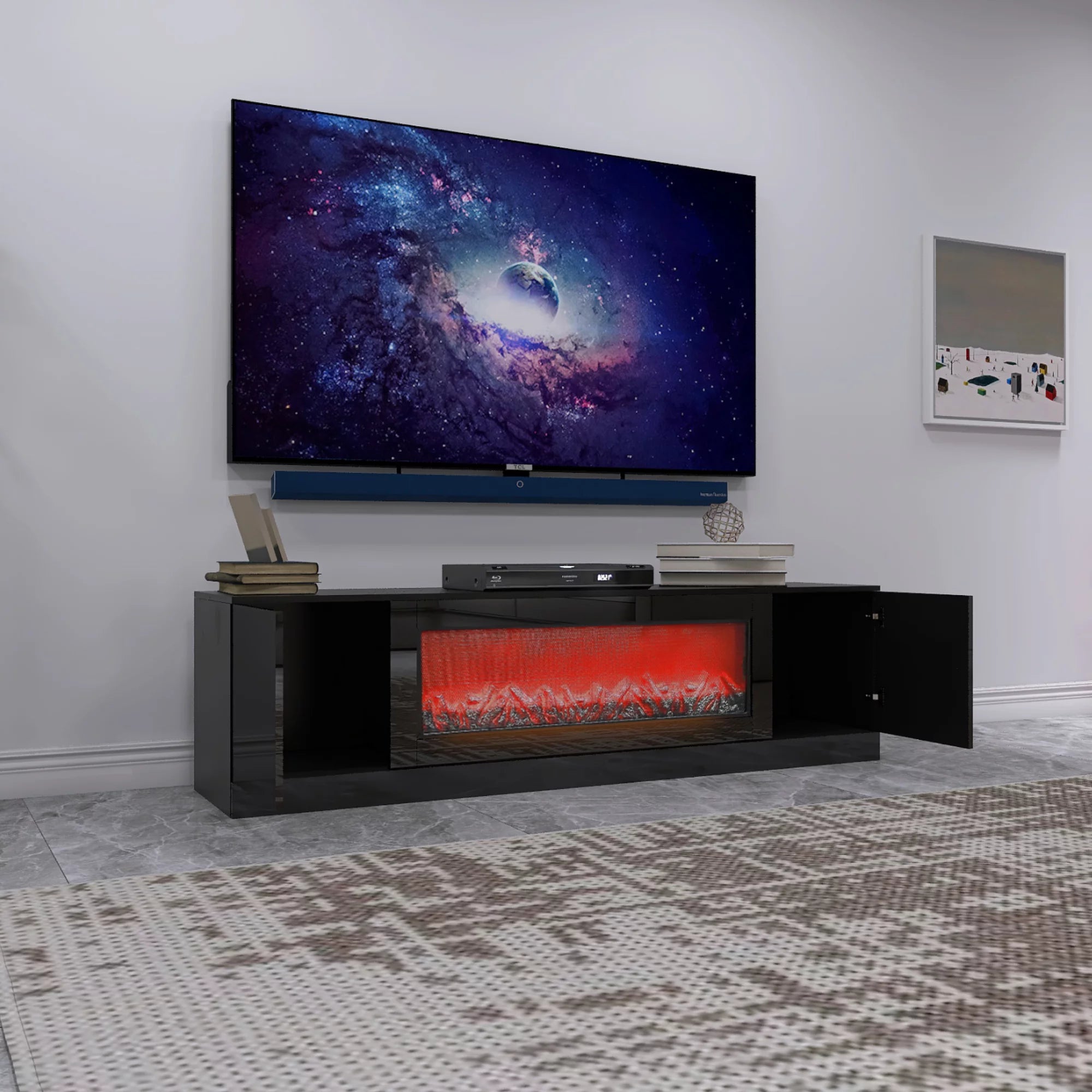 Electric Fireplace TV Stand with Wood Texture, High Glossy Finish Y488