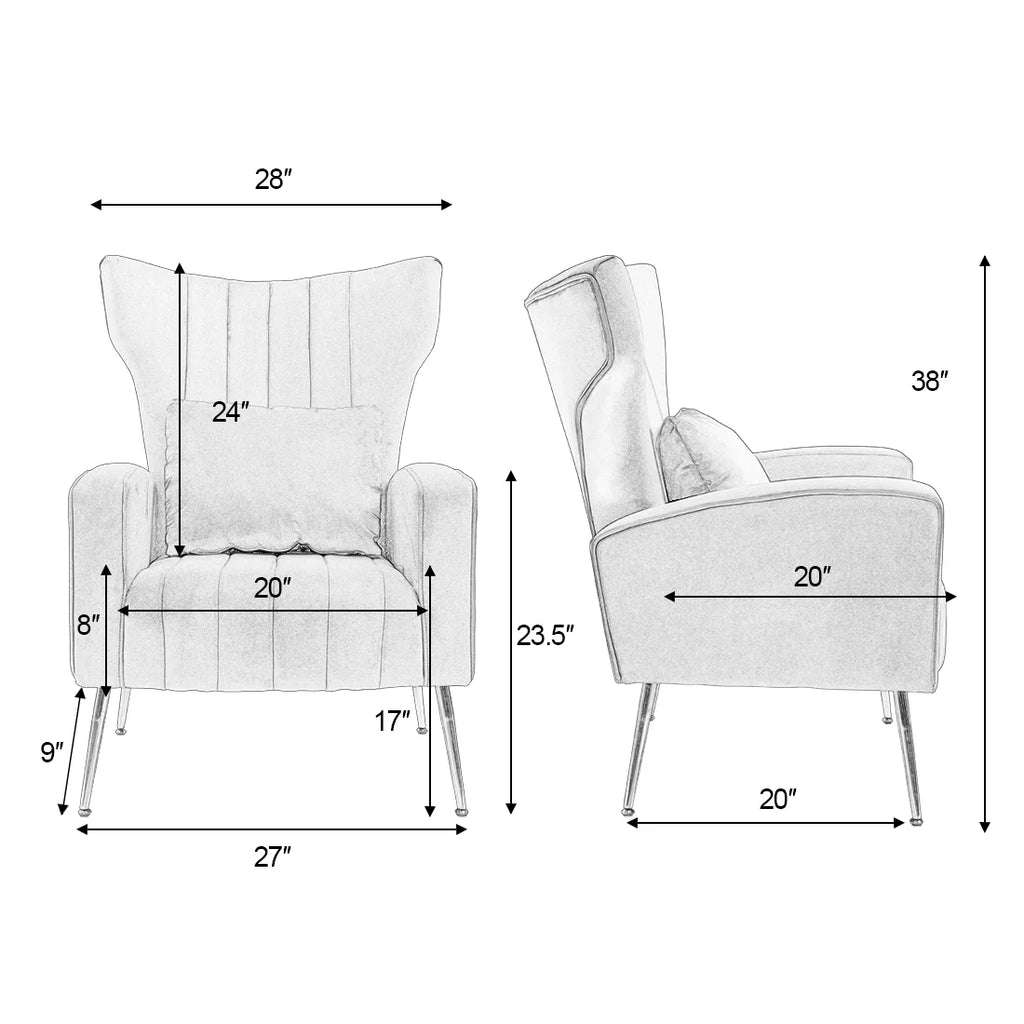 Velvet Accent Chair Set of 2 with Lumbar Pillow, High Back, Metal Legs N73734