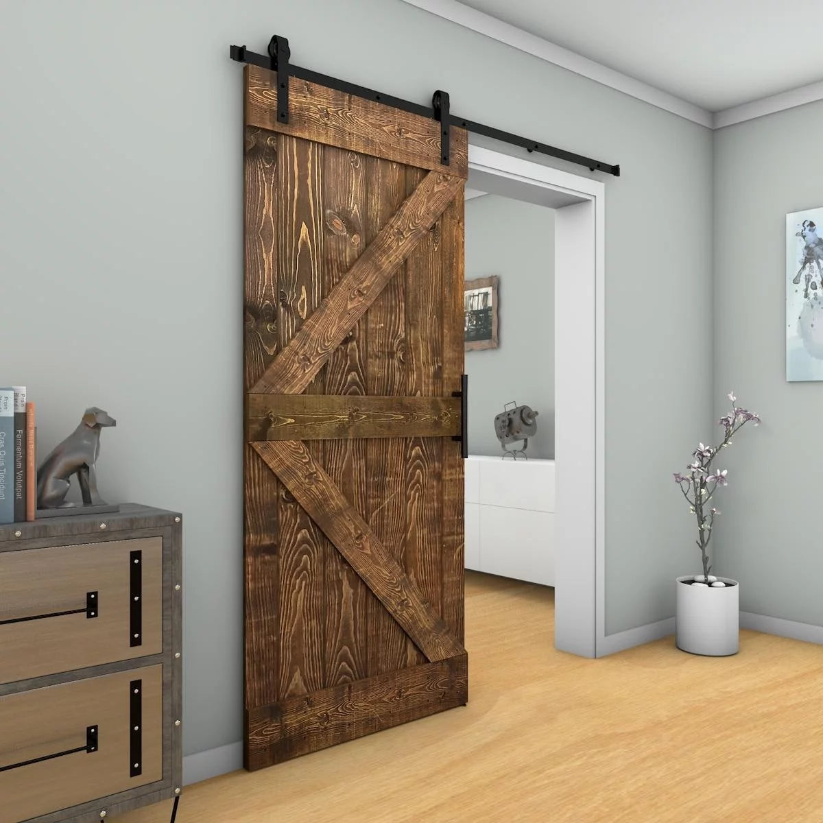Barn Door With Solid Knotty Pine Paneled Wood and Hardware Kit DIY Grey Cashmere 36X84 N606