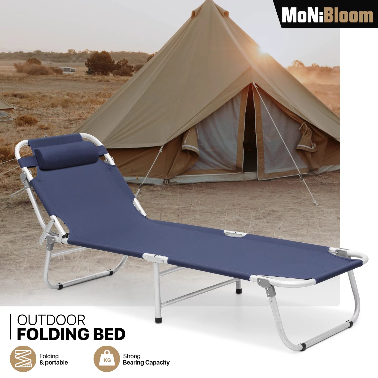 Portable Folding Bed Reclining Lounger Camping Cot with Pillow and Carry Bag I549492