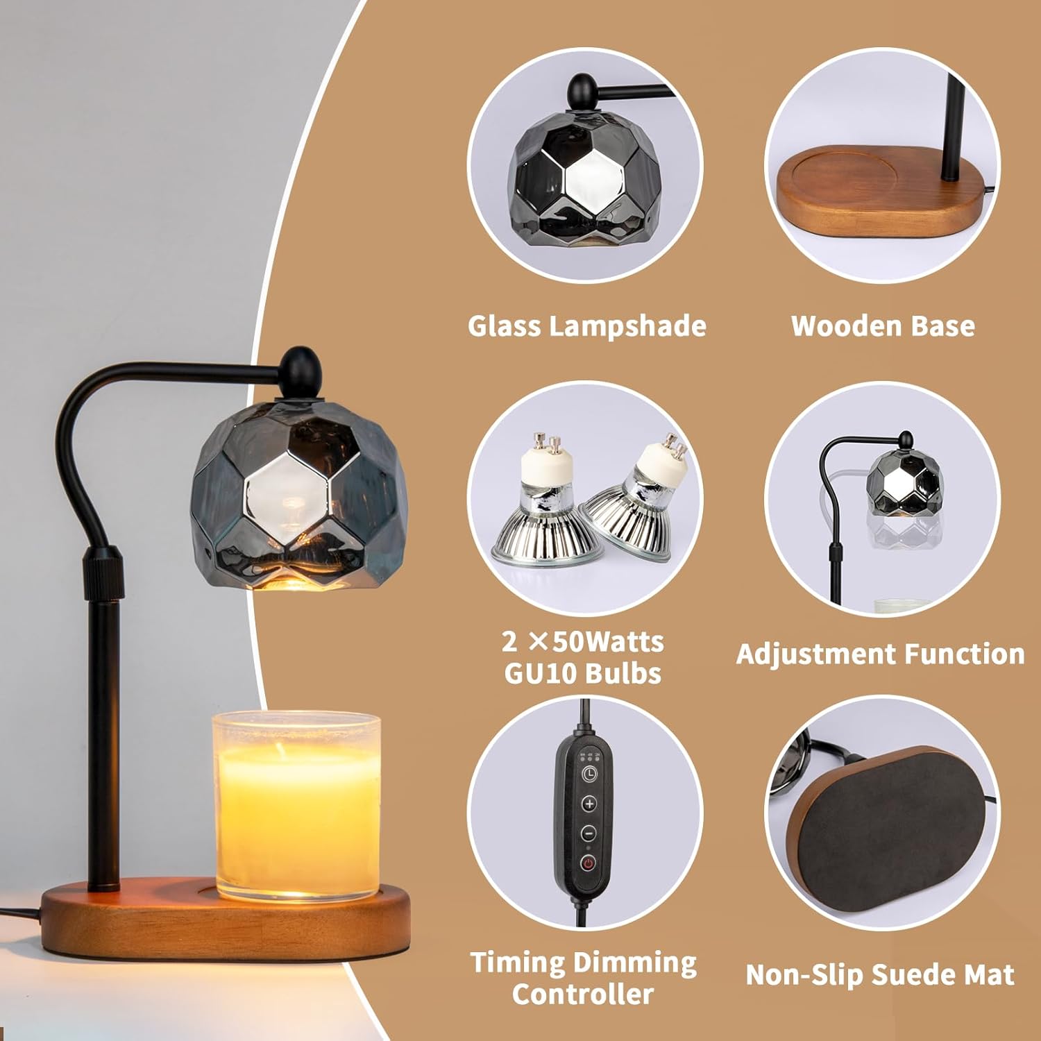 Candle Warmer Lamp with Timer, Adjustable Dimmer and Height, Wooden Base V8585