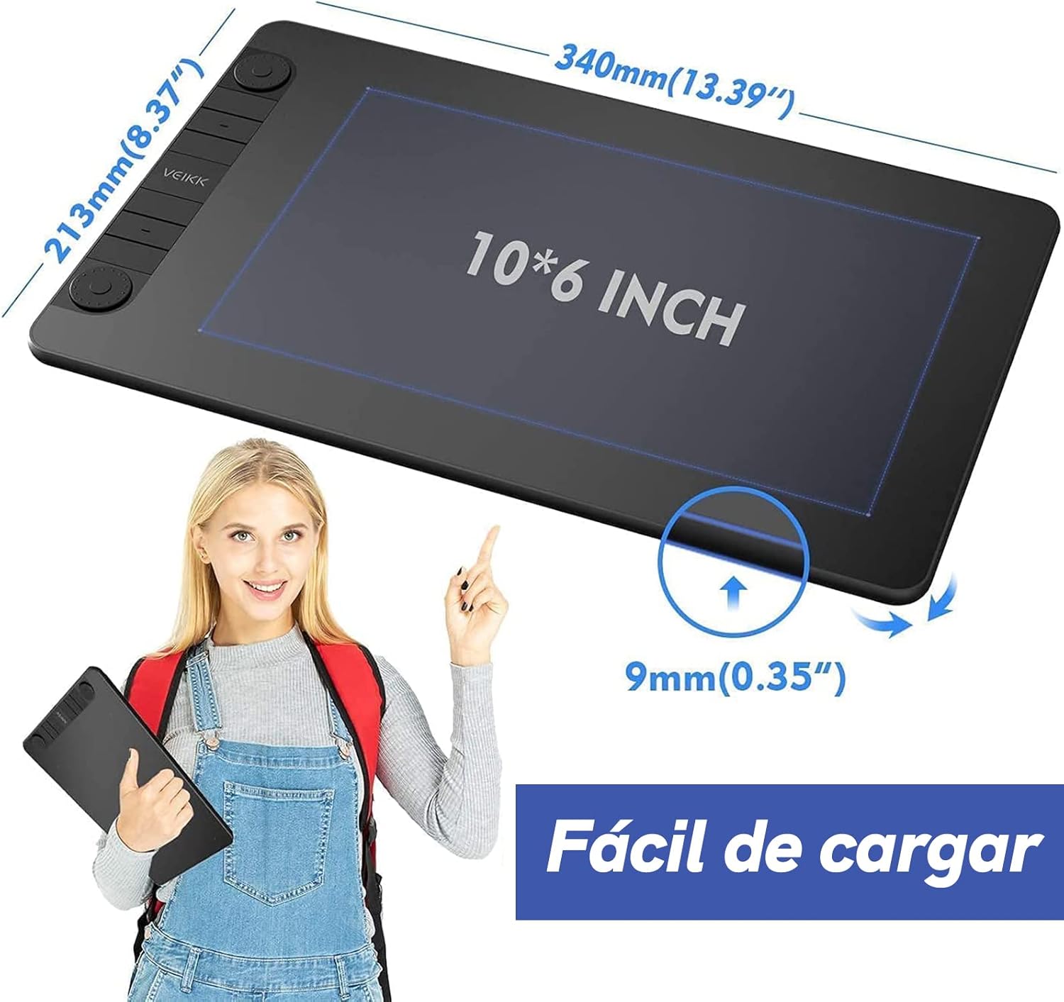 10 x 6 Inch Graphics Drawing Tablet with 8 Shortcut Keys, 8192 Levels Tilt Support P8103
