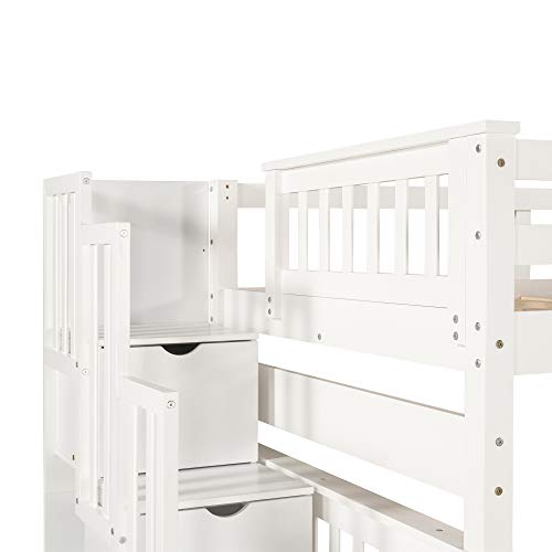 Twin Over Twin/Full Bunk Bed with Trundle and Drawers, Solid Wood Staircase, White C353971
