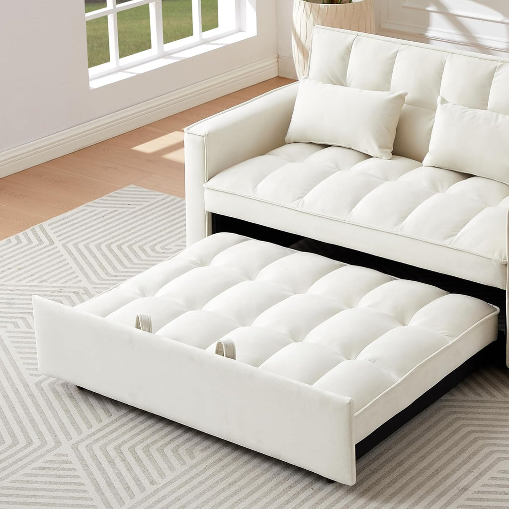 Convertible Loveseat Sleeper Sofa with Adjustable Backrest and Pull-Out Bed, Ivory W3374