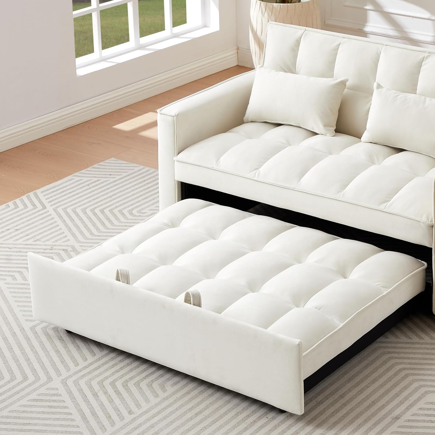 Convertible Loveseat Sleeper Sofa with Adjustable Backrest and Pull-Out Bed, Ivory W3374