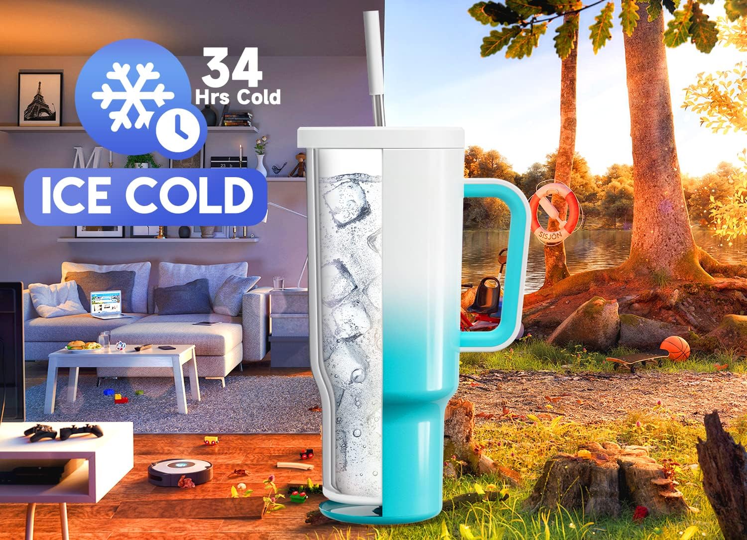 40oz Tumbler with Handle, 2 Pack, Leak-proof Lid and Straw, Insulated Stainless Steel Travel Mug W217080