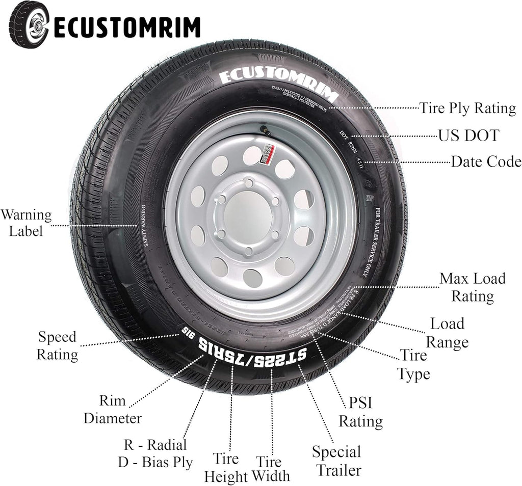 Trailer Tire on Rim 15 in. Load C 5 Lug Silver Spoke Wheel Z3354