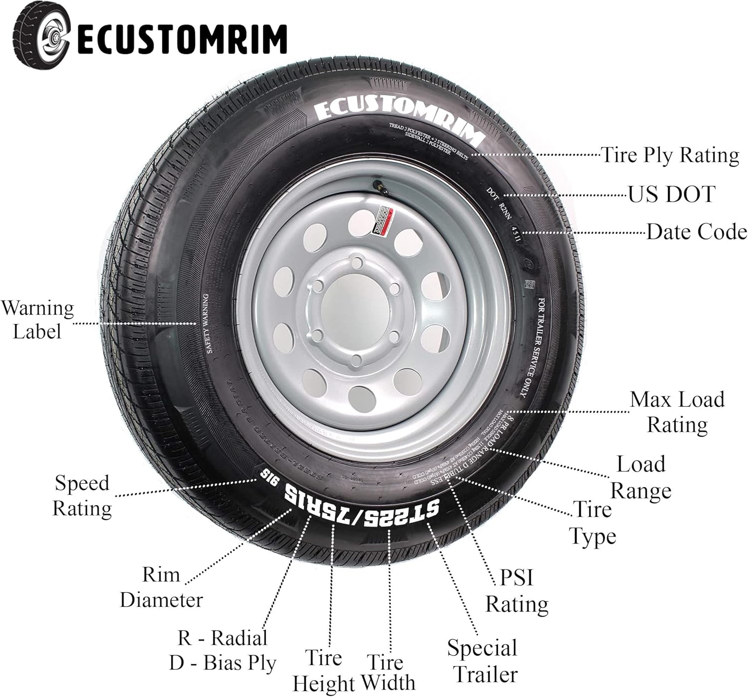 Trailer Tire on Rim 15 in. Load C 5 Lug Silver Spoke Wheel Z3354