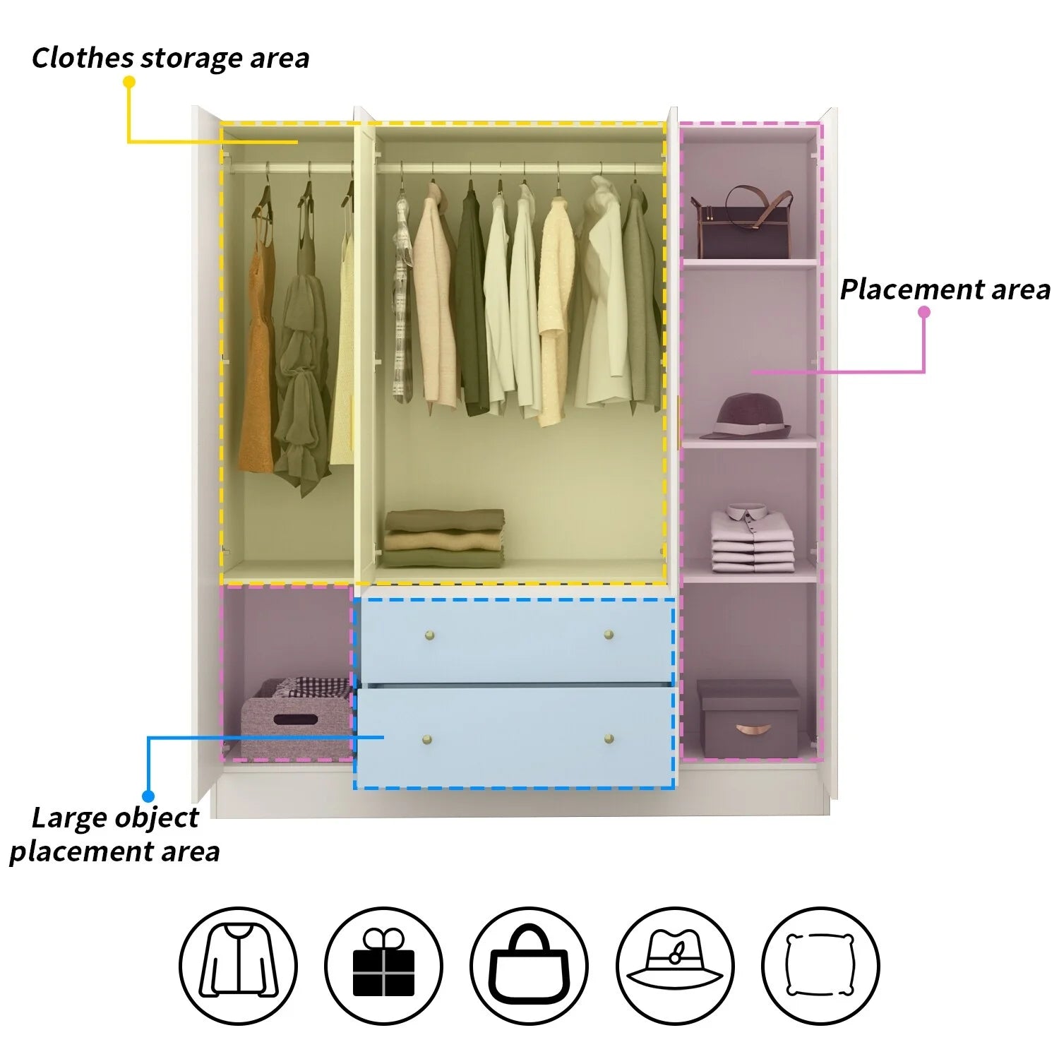 Wooden Wardrobe Closet with Mirror, 4 Doors and 2 Drawers H105472