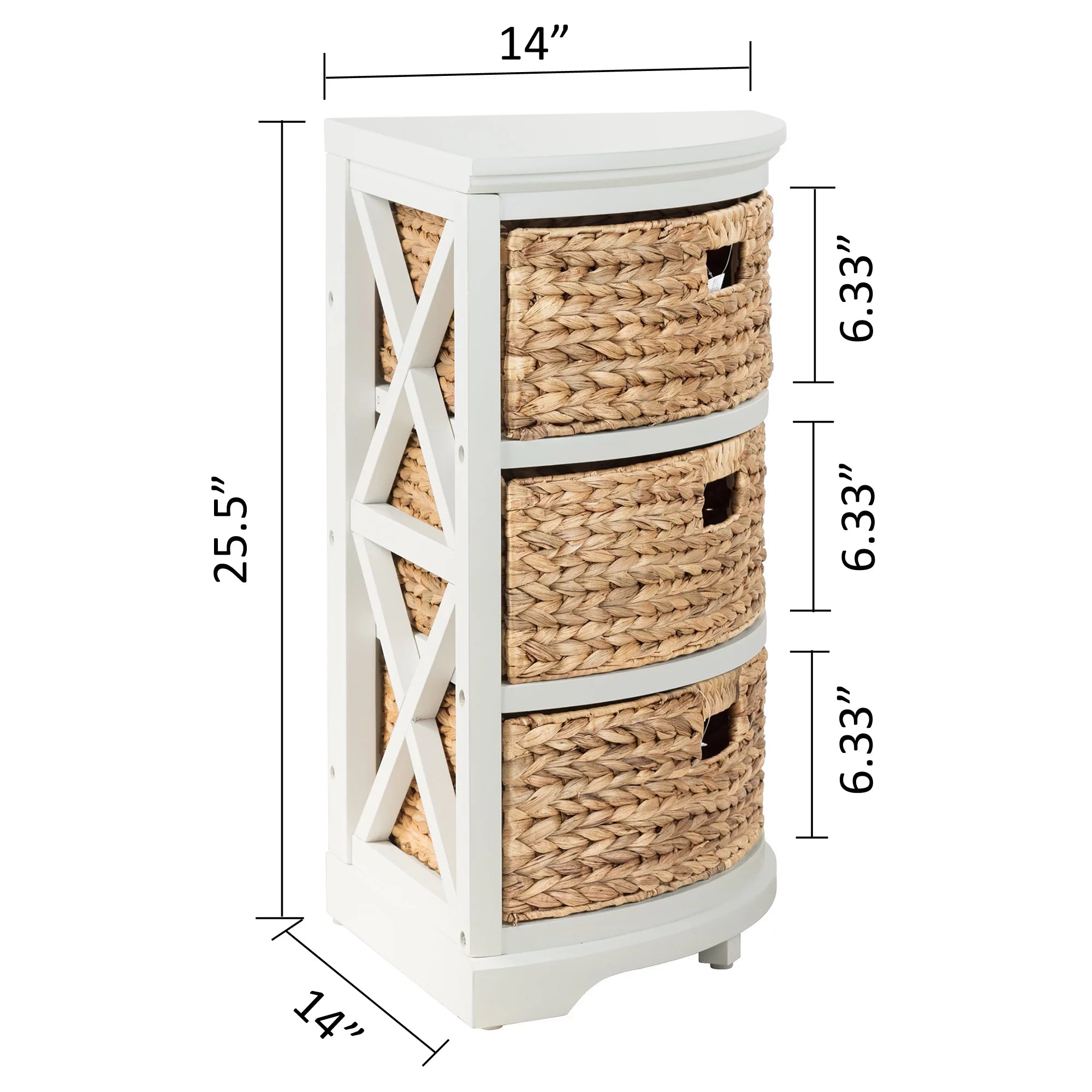 3 Tier Corner Storage Cabinet with 3 Wicker Baskets, White O675866