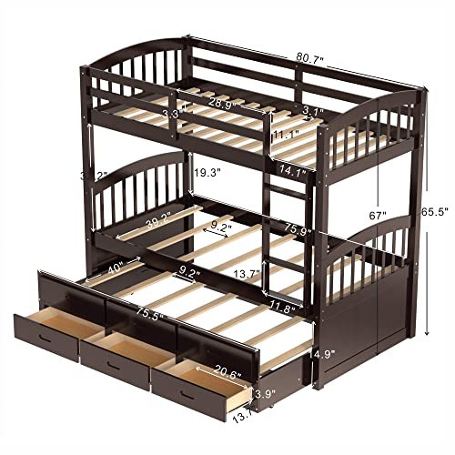Twin Over Twin Bunk Bed with Storage Drawers and Trundle, Solid Wood Frame F2716